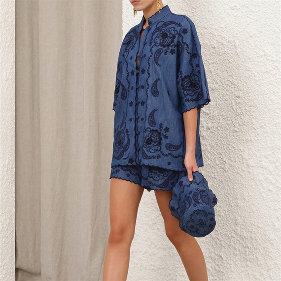 Zimmermann Aster Embroidered Denim Skjorte, Railway Blue